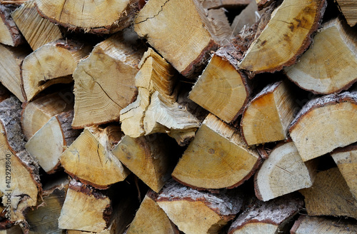 Close up of a pile of fire wood. Brandhout. Stack with chopped firewood for sustainable heating in winter photo
