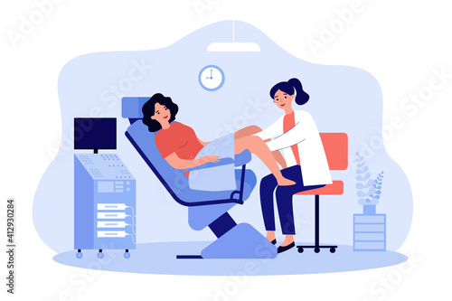 Doctor examining patient in gynecological chair. Woman visiting doctor for cervix checkup screening. Flat vector illustration for gynecology, obstetrics, medical examination concept photo
