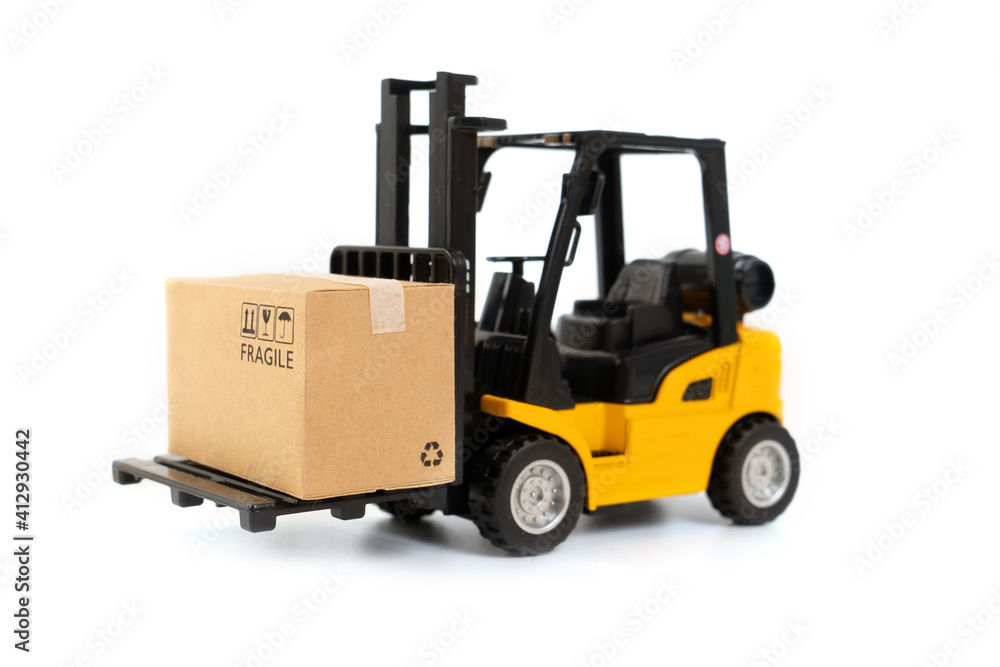 forklift with mobile phone on white background Online,Online shopping or ecommmerce concept forklift with mobile phone on white background Online,Online shopping or ecommmerce concept
