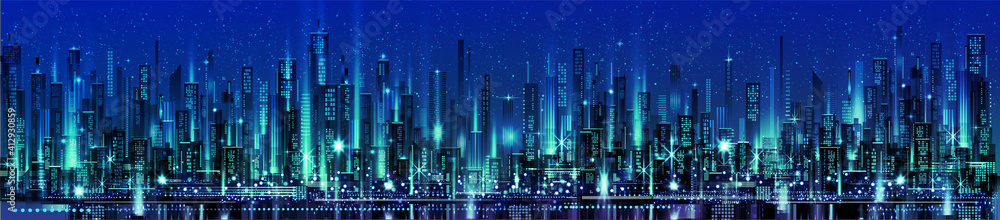 night city illustration with neon glow and vivid colors.
