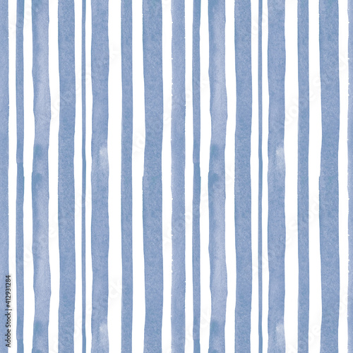 Abstract patterns, blue stripes, lines, vertical. Seamless pattern with hand draen watercolor illustration. Round shapes for design background, template, cover, wallpaper, packaging, wrapper.