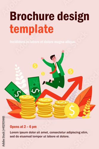 Happy banker jumping over coins flat vector illustration. Cartoon rich businessman celebrating finance growth. Market and income chart concept