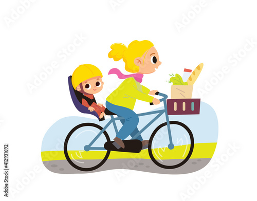 Mother with kid on bicycle. Mother riding cargo bicycle with child securely strapped to rear, back, child bike seat and front basket,transport crate with goods in front .Carrying child in carrier seat