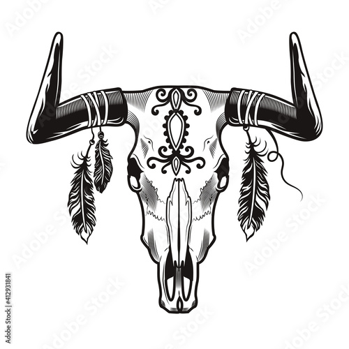 Bull skull tattoo design. Monochrome element with dead animal head and red Indian feathers vector illustration. Ethnic culture concept for symbols and labels templates