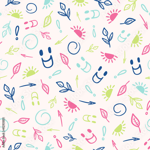 Random placed, cute and colorful doodled vector elements as seamless pattern with background.