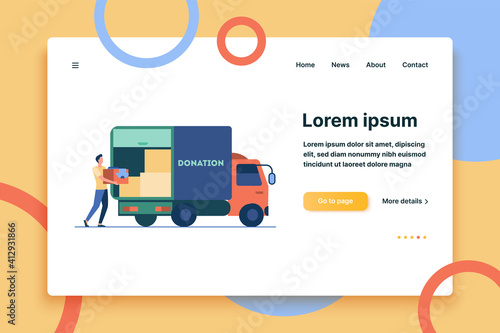 Man carrying box with clothes to donation truck. Courier, volunteer, vehicle flat vector illustration. Volunteering, charity, aid concept for banner, website design or landing web page