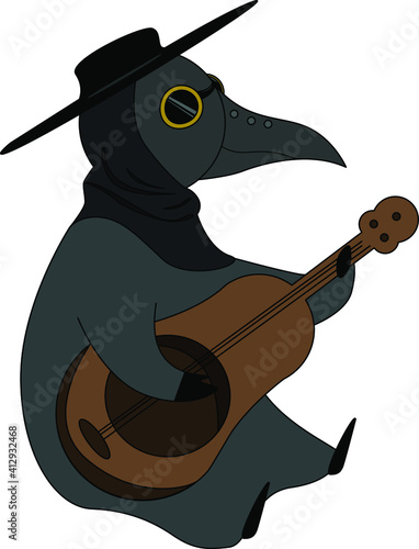 A medieval plague doctor in a black hat and a long textile coat. Vector illustration. The Middle Ages. Man in a costume with a long nose.Simple black and white vector illustration of character in mask