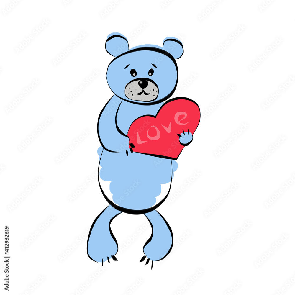 Fototapeta premium Color clip art of a blue bear with a heart.