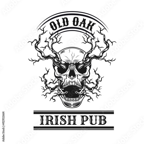 Old oak shop label design. Monochrome element with leafless tree branches and skull vector illustration with text. Irish pub concept for badges and emblems templates