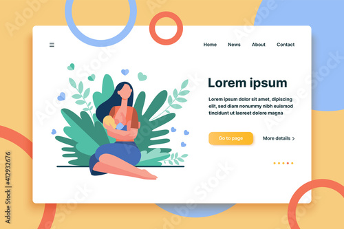 New mother feeding baby with breast. Young woman holding little child in arms. Vector illustration for breastfeeding, health, baby food, motherhood, care concept