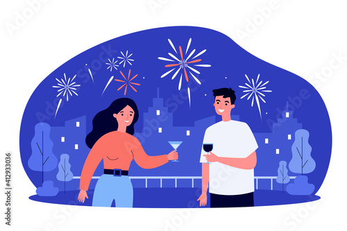 Couple celebrating special date, drinking wine. City firework in background. Flat vector illustration. Holiday, anniversary, festive event, party concept for banner, website design or landing web page
