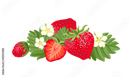 Heap of strawberry. Vector illustration of red ripe berry with green leaves and flowers isolated on white background. Juicy fruits in cartoon flat style.