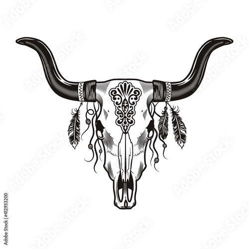 Bull skull with horns tattoo design. Monochrome element with dead animal head and red Indian feathers vector illustration. Ethnic culture concept for symbols and labels templates