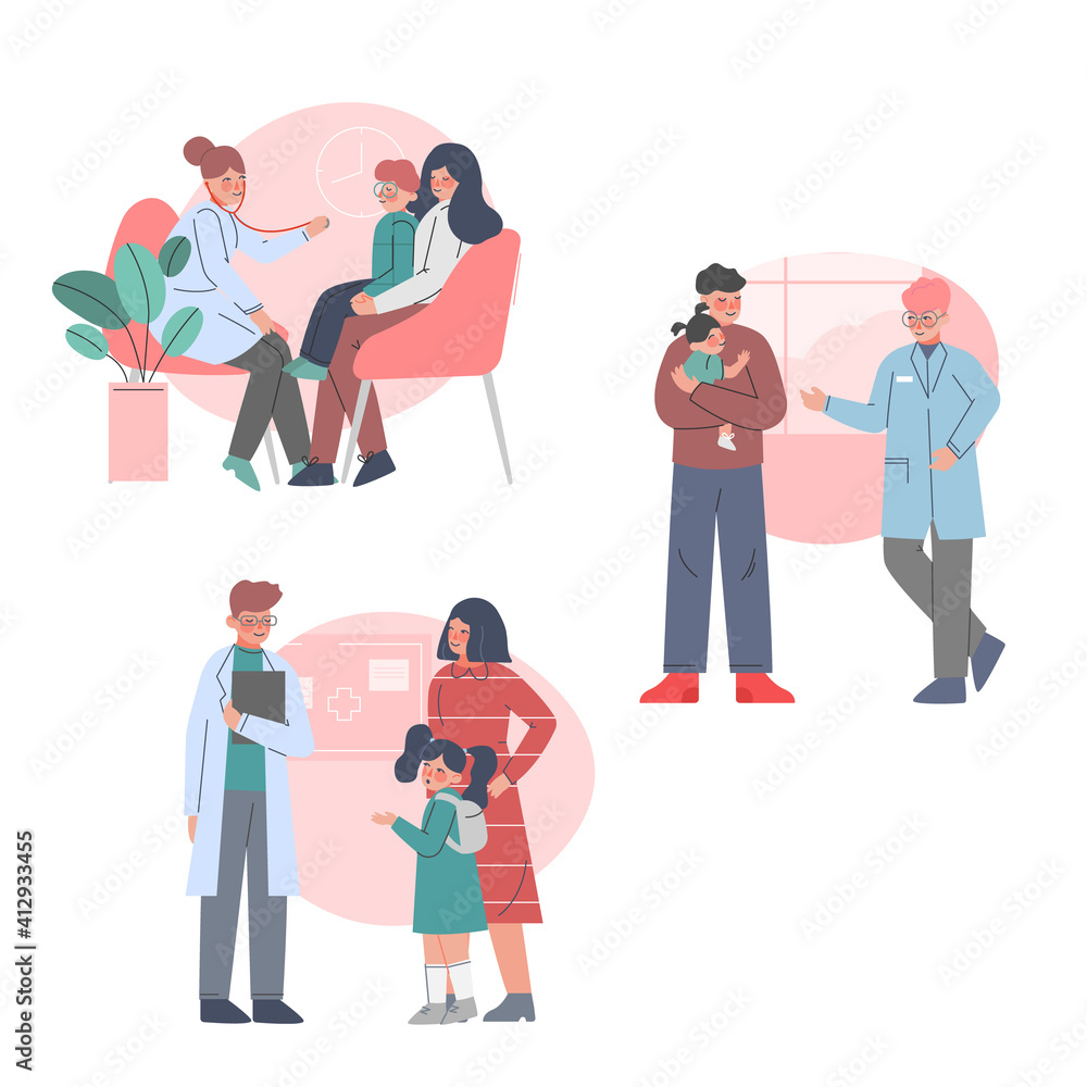 Moms and Children Visiting Doctors Set, Pediatricians Consulting Little Patient in Medical Clinic, Health and Medical Treatment for Children Cartoon Vector Illustration
