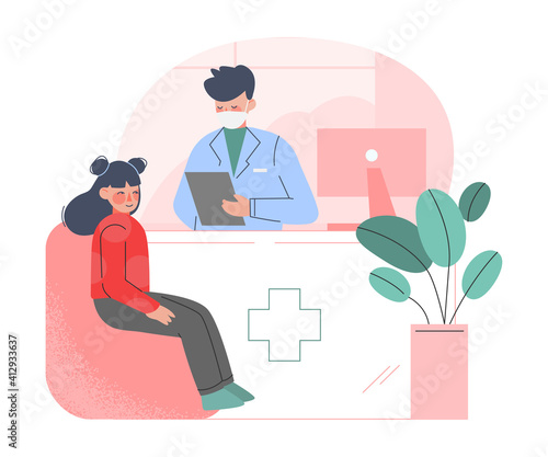 Pediatrician Doctor Examining Girl Din Medical Clinic, Health and Medical Treatment Concept Cartoon Vector Illustration