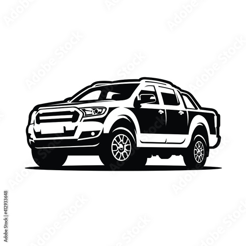 Double cabin truck silhouette vector on isolated white background. Side view 