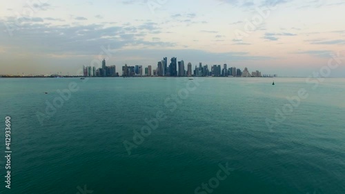 Aerial view over the Persian gulf of Doha cityscape, Qatar.