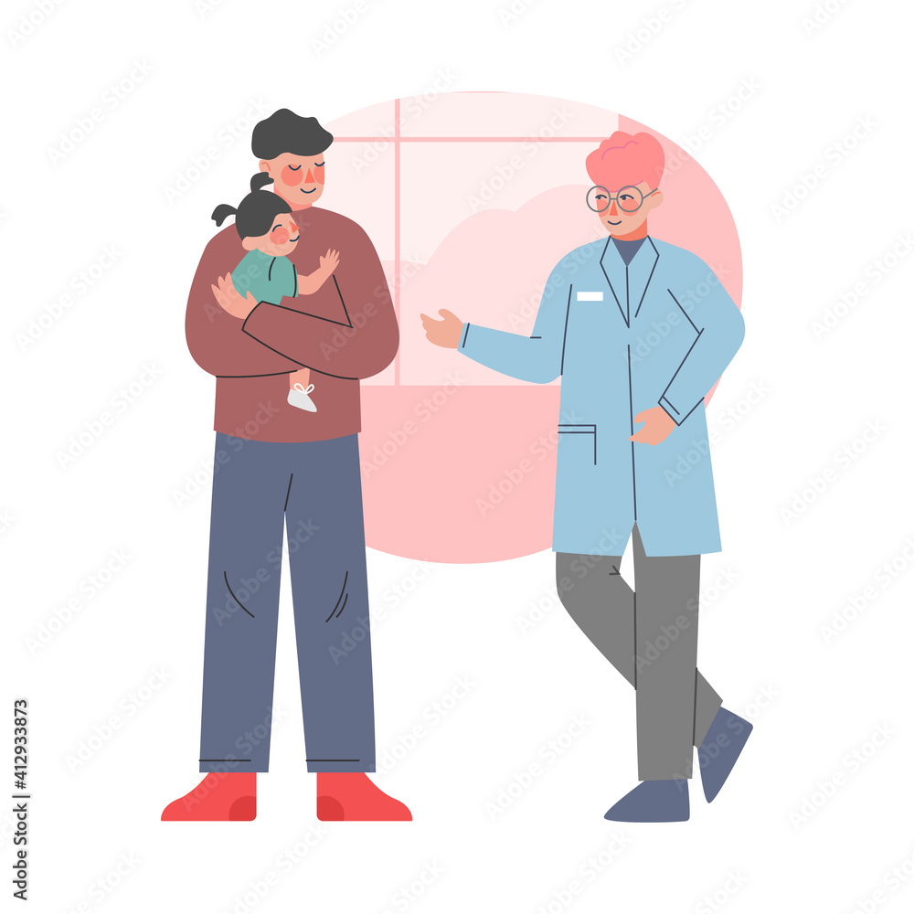 Dad and her Baby Visiting Doctor, Pediatrician Talking with Parent in Medical Clinic, Health and Medical Treatment for Children Cartoon Vector Illustration
