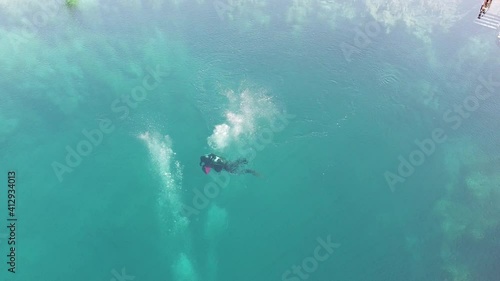 divers in the deep blue lake
