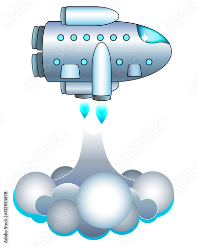 Spaceship takes off horizontally from the surface - vector full color illustration with spacecraft. Starship launch with clouds of smoke and dust. rocket for space exploration, tourism and delivery.