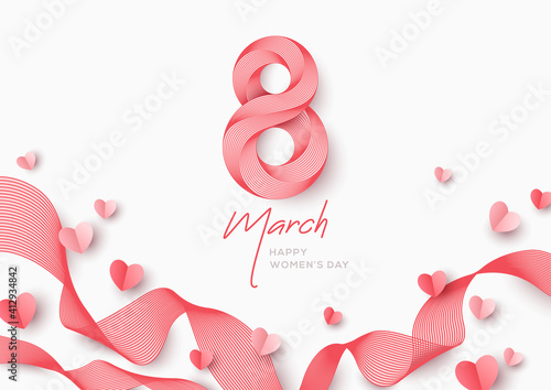 March 8 symbol in 3d retro line art style with flying paper hearts. International Women's day pink background. Vector illustration for poster, flyer, voucher or brochure template. Place for text.