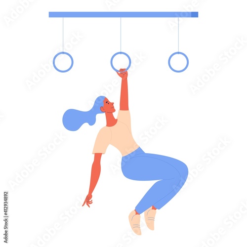 Woman hanging on gymnastic rings during obstacle course racing isolated on white. Healthy lifestyle character ready for sport