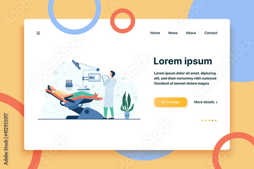 Patient sitting in medical chair during visit or treatment isolated flat vector illustration. Cartoon dentist working in diagnostic cabinet. Stomatology and dental clinic concept