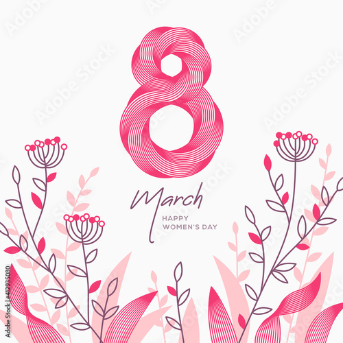 March 8 symbol in 3d retro line art style with hand drawn spring doodle flowers. International Women's day banner. Vector illustration for invitation, poster, flyer, voucher or brochure template.