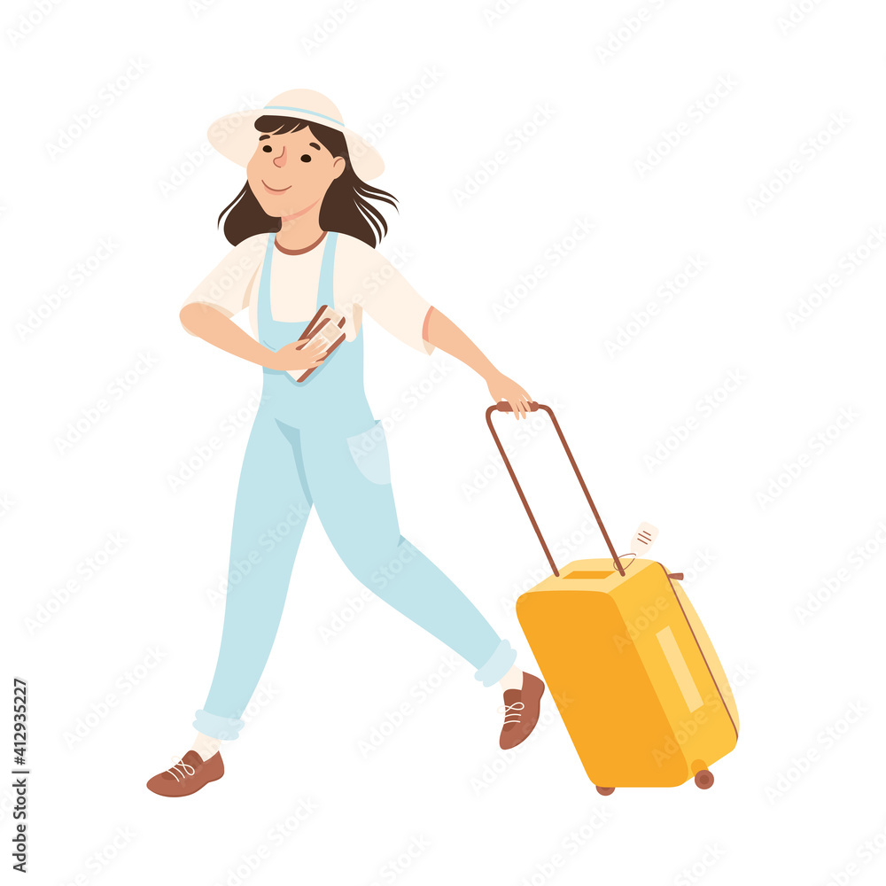Girl Tourist Hurrying to Flight at Airport, Young Woman Running with Suitcase Going on Summer Vacation Cartoon Vector Illustration Girl Tourist Hurrying to Flight at Airport, Young Woman Running with Suitcase Going on Summer Vacation Cartoon Vector Illustration