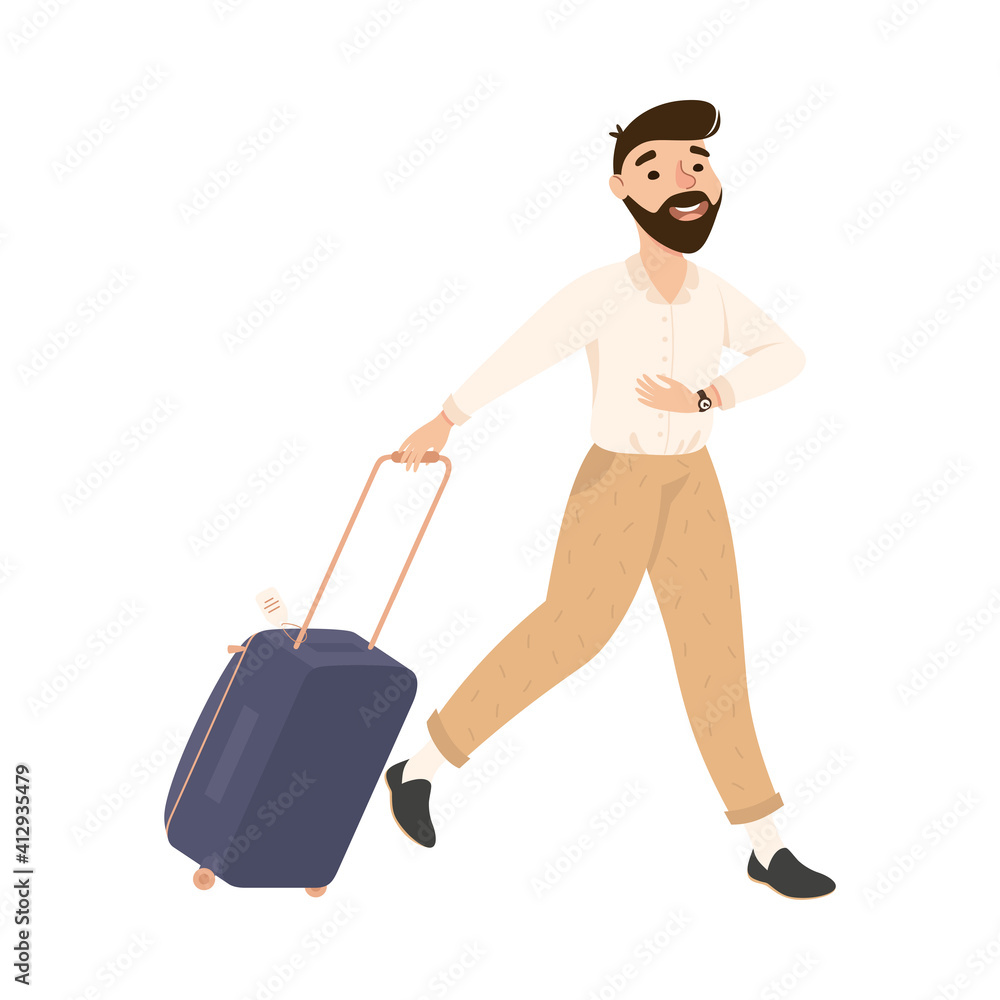 Bearded Man Hurrying to Flight at Airport, Young Man Tourist Carrying Luggage Going on Summer Vacation Cartoon Vector Illustration Bearded Man Hurrying to Flight at Airport, Young Man Tourist Carrying Luggage Going on Summer Vacation Cartoon Vector Illustration