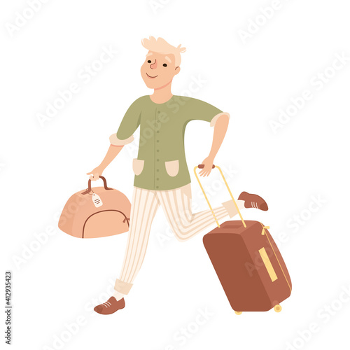 Guy Hurrying to Flight at Airport, Male Tourist Carrying Luggage Going on Summer Vacation Cartoon Vector Illustration
