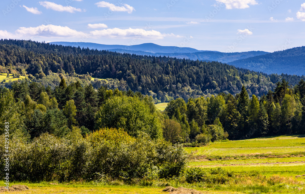 Panoramic view of south-eastern Beskidy Mountains seen from path to Leskowiec peak from Targoszow village on southern slope of Little Beskids in Lesser Poland
