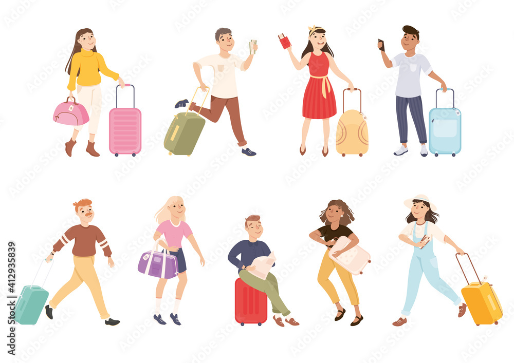 People Tourists Carrying Luggage and Plane Tickets Going to Airport Set, Mwn and Women Going on Vacation Trip or Journey Cartoon Vector Illustration