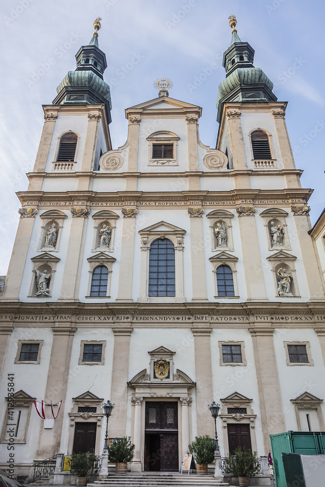 Baroque Jesuit Church (Jesuitenkirche, 1627), also known as University Church (Universitatskirche) - two-floor, double-tower church in Vienna. Austria.