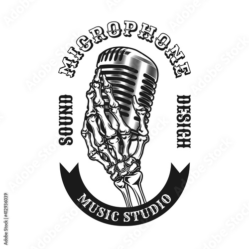 Microphone emblem design. Monochrome element with skeleton hand holding mic, dynamic, speaker vector illustration with text. Sound concept for symbols and labels templates