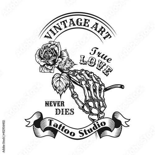 Rose tattoo design. Monochrome element with skeleton hand holding flower vector illustration with text. Love or romance concept for symbols and labels templates