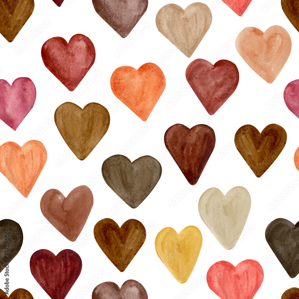 Watercolor seamless background with brown hearts. Heand drawn abstract elements.