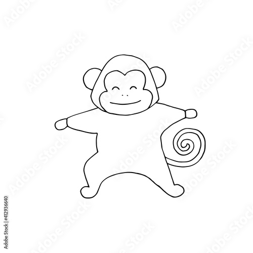 Monkey doing yoga. Asanas. Yoga poses. Charging. Exercises. Warm up. Physical Education. Vector hand-drawn doodle illustration. Black and white outline. Children's coloring