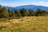 Panoramic view of grassy Leskowiec peak in Little Beskids with Babia Gora peak in southern Beskidy mountains near Andrychów in Lesser Poland