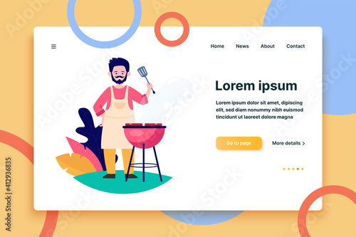 Man fried meat on nature flat vector illustration. Cartoon cook grilling steak and cooking fresh food or shashlik outdoors. Summer BBQ and picnic concept