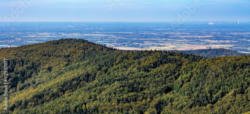 Panoramic view of northern Beskidy mountains with Gancarz peak seen from Leskowiec peak in Little Beskids mountains near Andrychow in Lesser Poland photo