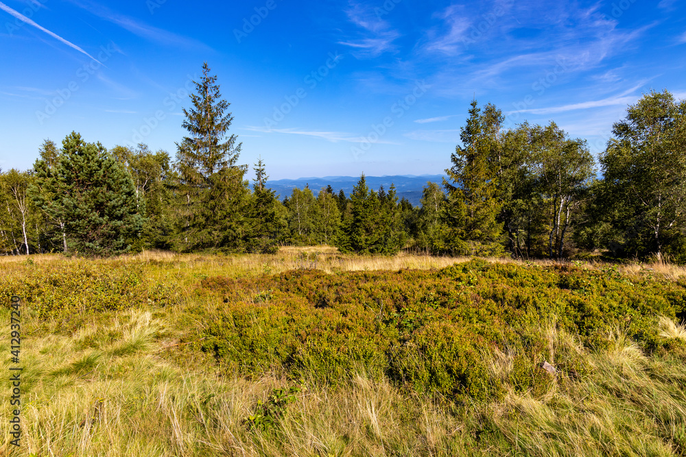 Panoramic view of grassy Leskowiec peak in Little Beskids with Babia Gora peak in southern Beskidy mountains near Andrychów in Lesser Poland Panoramic view of grassy Leskowiec peak in Little Beskids with Babia Gora peak in southern Beskidy mountains near Andrychów in Lesser Poland