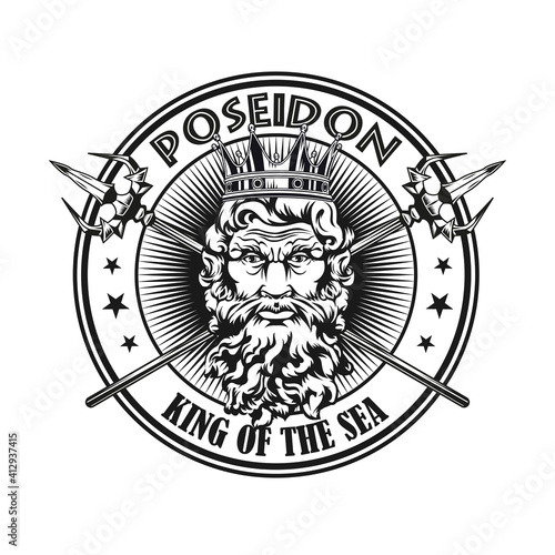 Poseidon stamp design. Monochrome element with god of sea head in crown  tridents in circles vector illustration with text. Sailing or Greek mythology concept for symbols and labels templates