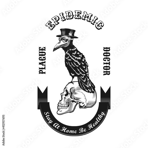 Plague doctor bird emblem design. Monochrome element with crow in mask on skull vector illustration with text. Medieval or epidemic concept for symbols and labels templates