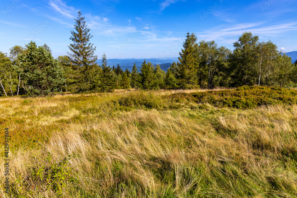 Panoramic view of grassy Leskowiec peak in Little Beskids with Babia Gora peak in southern Beskidy mountains near Andrychów in Lesser Poland