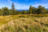 Panoramic view of grassy Leskowiec peak in Little Beskids with Babia Gora peak in southern Beskidy mountains near Andrychów in Lesser Poland