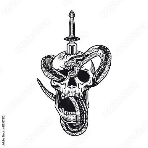 Tattoo design with snake and dagger skull. Monochrome element with skeleton head and sword vector illustration. Wild animal gothic concept for symbols and labels templates