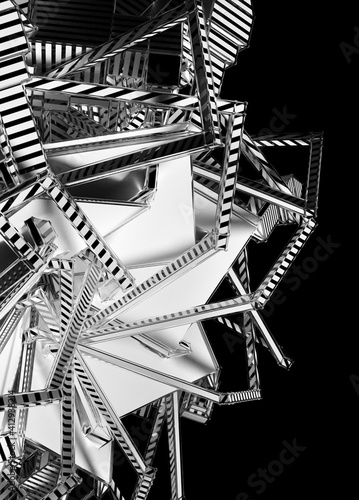 3d render of abstract black and white monochrome art with part of surreal cubical fractal symmetry sun flower symbol with metal wire fractal structure and light aluminum elements