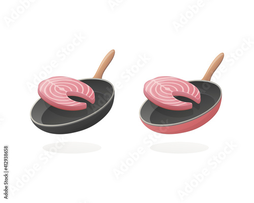 Cooking salmon fish steak concept. Isometric vector illustration. Isolated on white background.