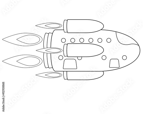 Spaceship in flight - vector linear picture for coloring. Outline. The starship flies on all engines - for a coloring book. rocket for space research, tourism and cargo delivery.